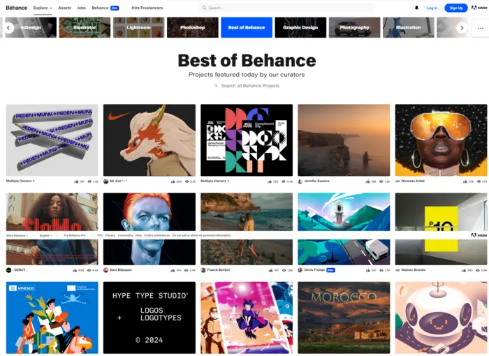 Behance website displaying a variety of web design portfolios and projects for inspiration.